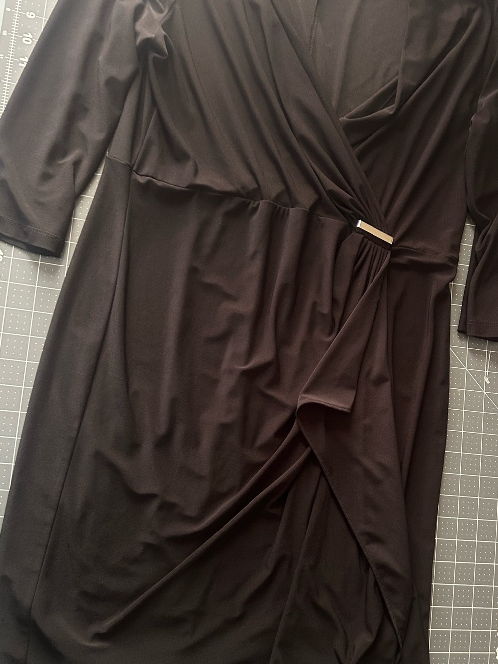 Emma & Michele Black Faux-Wrap Midi Dress with Side Twist Accent